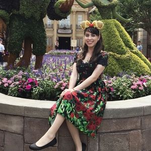 Unique Vintage 1950s Style Black & Red Rose Short Sleeve Whitman Swing Dress